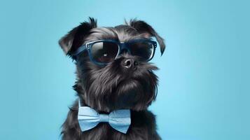 Photo of haughty Affenpinscher dog using glasses  and office suit on blue background