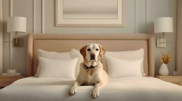 golden retriever dog lying on bed in hotel with contemporary interior design. Generative AI photo