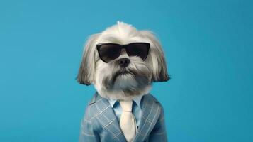 foto de arrogante lhasa apso perro utilizando Gafas de sol y oficina traje en blanco antecedentes. generativo ai