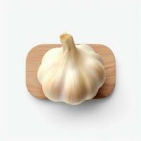 Photo of Garlic on wooden board isolated on white background