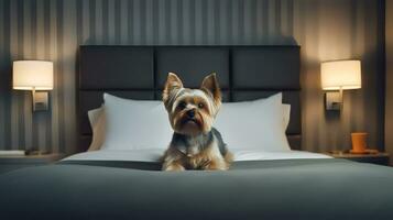 Yorkshire terrier dog lying on bed in hotel with contemporary interior design. Generative AI photo