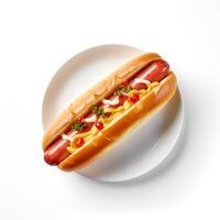 Photo of hot dog on plate isolated on white background. Created by Generative AI