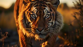 Photo of tiger on savanna at sunset.