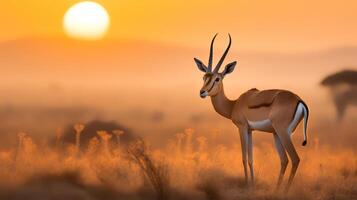 Photo of Thomsons Gazelle on savanna at sunset. Generative AI