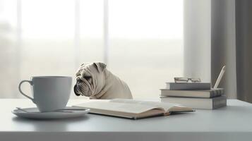 un buldog perro en un amarillo ropa se sienta estudiando acompañado por un taza y pila de algo de libros foto