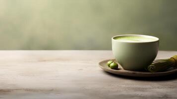 Food photography of matcha latte on wooden table. Generative AI photo