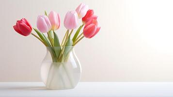 Photo of tulips in minimalist transparent vase as houseplant for home decoration on warm color background.