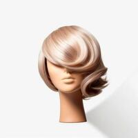 Hair wig over the plastic mannequin head isolated over the white background, mockup featuring contemporary women's hairstyles, Generative AI illustration photo