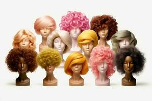 Hair wig over the plastic mannequin head isolated over the white background, mockup featuring contemporary women's hairstyles, Generative AI illustration photo