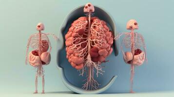 3d ilustración de el humano Organo sistemas, humano interno órganos anatomía. nervioso, circulatorio, digestivo, excretorio, urinario, y hueso sistemas médico educación concepto, generativo ai ilustración foto