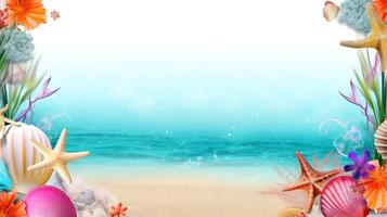 Sea elements card template, beach background design with border frame for template. composition with copy-space, illustration photo