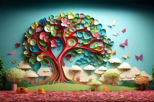 Ecosystem restoration, environment day concept tree background. Recycle icon paper cut banner with forest. Ecology project concept, illustration photo