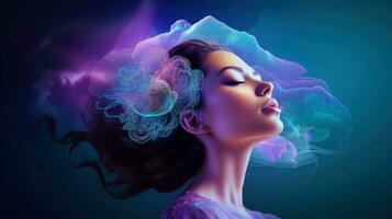 Illustration of woman sleeping and dreaming. Psychic girl considers mind and heart, spirituality, esotericism. Psychic waves concept, Generative AI illustration photo