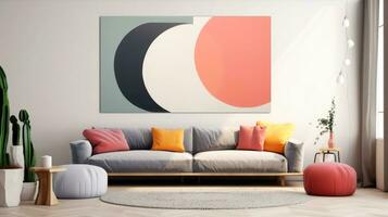 Stylish living room interior design with mock up poster frame, creative home accessories. Home staging. Copy space, Generative AI illustration photo