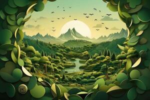 Ecosystem restoration, environment day concept tree background. Recycle icon paper cut banner with forest. Ecology project concept, illustration photo