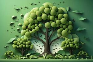 Ecosystem restoration, environment day concept tree background. Recycle icon paper cut banner with forest. Ecology project concept, illustration photo