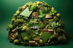 Ecosystem restoration, environment day concept tree background. Recycle icon paper cut banner with forest. Ecology project concept, illustration photo