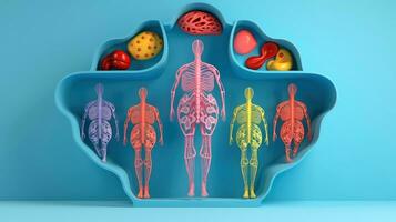 3d ilustración de el humano Organo sistemas, humano interno órganos anatomía. nervioso, circulatorio, digestivo, excretorio, urinario, y hueso sistemas médico educación concepto, generativo ai ilustración foto