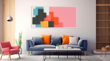 Stylish living room interior design with mock up poster frame, creative home accessories. Home staging. Copy space, Generative AI illustration photo