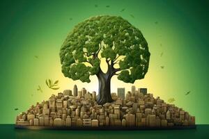 Ecosystem restoration, environment day concept tree background. Recycle icon paper cut banner with forest. Ecology project concept, illustration photo