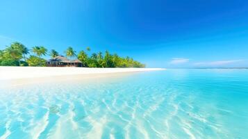Illustration image, beach scene with crystal-clear turquoise waters, powdery white sand, palm leaves, sparkling waves and blue sunny sky, with copy space, illustration photo