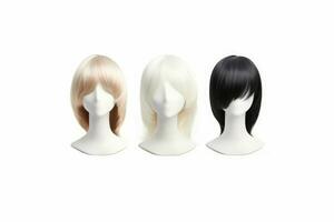 Hair wig over the plastic mannequin head isolated over the white background, mockup featuring contemporary women's hairstyles, Generative AI illustration photo