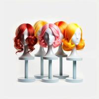 Hair wig over the plastic mannequin head isolated over the white background, mockup featuring contemporary women's hairstyles, Generative AI illustration photo