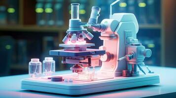 Close-up shot of microscope with metal lens at laboratory. Microscope on the table with chemical tube and glassware in laboratory, Science research technology, Generative AI illustration photo