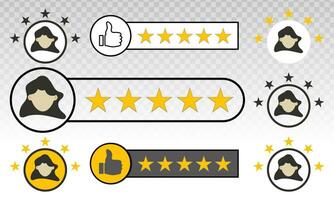 set of Product rating icons or customer reviews with gold star shapes for apps and websites vector