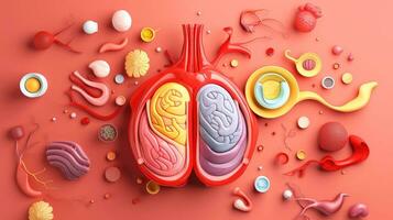 3d ilustración de el humano Organo sistemas, humano interno órganos anatomía. nervioso, circulatorio, digestivo, excretorio, urinario, y hueso sistemas médico educación concepto, generativo ai ilustración foto