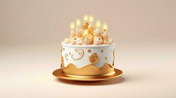 3d illustration of gold cute birthday cake, Sweet cake for a surprise birthday, for anniversary and celebration ,mother day, Valentine day, cake, cupcake, Generative AI illustration photo