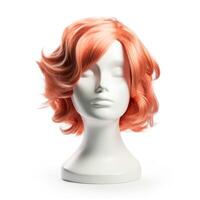 Hair wig over the plastic mannequin head isolated over the white background, mockup featuring contemporary women's hairstyles, Generative AI illustration photo