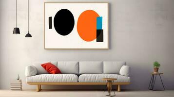 Stylish living room interior design with mock up poster frame, creative home accessories. Home staging. Copy space, Generative AI illustration photo