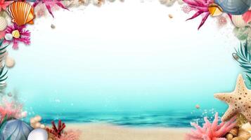 Sea elements card template, beach background design with border frame for template. composition with copy-space, Generative AI illustration photo