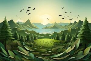 Ecosystem restoration, environment day concept tree background. Recycle icon paper cut banner with forest. Ecology project concept, illustration photo