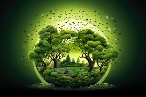 Ecosystem restoration, environment day concept tree background. Recycle icon paper cut banner with forest. Ecology project concept, illustration photo