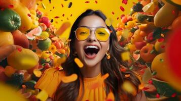 Young happy satisfied excited fun surprised amazed, People lifestyle concept, with blurred background, Generative AI illustration photo