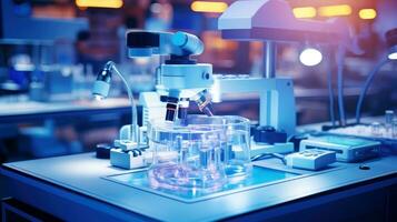 Close-up shot of microscope with metal lens at laboratory. Microscope on the table with chemical tube and glassware in laboratory, Science research technology, Generative AI illustration photo