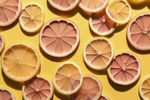 Uniform pattern of dried lemon slices with shadow on a pink background. Flat lay, generate ai photo