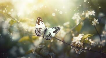 abstract nature spring Background. spring flower and butterfly, generate ai photo