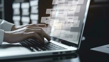 Document Management System being setup by IT consultant working on laptop computer in office with document directory. Software for archiving, managing corporate file information, generate ai photo