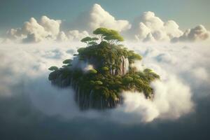 Floating island above the clouds landscape illustration, generate ai photo