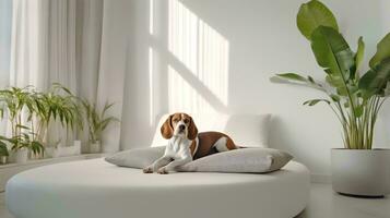 beagle dog lying on bed in hotel with contemporary interior design. Generative AI photo