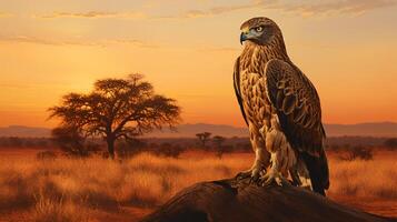 Photo of Martial Eagle on savanna at sunset. Generative AI