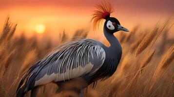 Photo of Grey Crowned Crane on savanna at sunset.