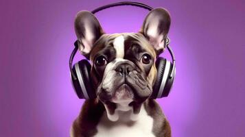 Photo of Boxer using headphone  on purple background