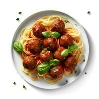 comida fotografía de espaguetis con albóndigas en plato aislado en blanco antecedentes. generativo ai foto