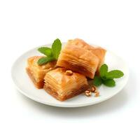 foto de baklava en plato aislado en blanco antecedentes. creado por generativo ai