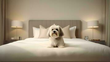 Lhasa apso dog lying on bed in hotel with contemporary interior design. Generative AI photo