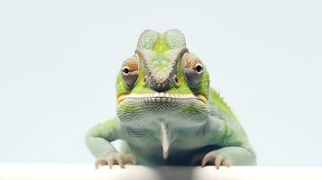 Photo of a chameleon on white background. Generative AI